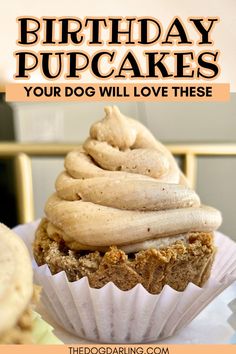 a cupcake sitting on top of a white plate with the words, birthday cakes your dog will love these