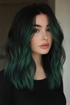 Woman with wavy, dark green hair and a neutral expression. Pop Hair Color Ideas, Different Color Streaks In Hair, Highlights Green Hair, Low Maintenance Fun Hair Color, Dark Brown Hair With Pops Of Color, Short Hair Ideas Straight, Winter Dyed Hair, Brunette And Green Hair, Emo Green Hair