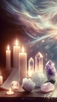 Step into a world of tranquility with this soothing image, showcasing a harmonious blend of flickering candles and radiant crystals. The soft glow of the candles creates a warm, inviting ambiance, accentuating the natural beauty and unique energies of each crystal. This serene setting is perfect for relaxation, meditation, or simply as a peaceful retreat from the hustle of daily life. Candles And Crystals, Crystals Art Drawing, Zen Wallpaper, Soothing Images, Candles Crystals, Crystal Background, Pagan Spirituality, Mystic Moon