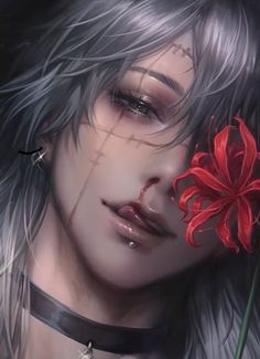 a woman with long hair and piercings holding a red flower