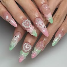 ✨ Step into a Dreamy Pastel Wonderland with Our 3D Press On Nails! 🌸 Transform your nails into a work of art with this stunning set of handmade press-on nails. Designed with love and attention to detail, these nails are perfect for those who adore a mix of elegance and cuteness. Here's what makes this set truly unique: 💖 3D Pearl Heart Accents: Delicately crafted pearl hearts add a touch of luxury and romance to your nails, making them stand out with every gesture. 🦋 Charming Butterfly Detail Gel X Freestyle, Nails With Flower Charms, Harajuku Nails, Kutek Disney, Unghie Sfumate, Acrylic Press On Nails, Pretty Gel Nails, Really Cute Nails, Kawaii Nails