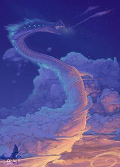 a dragon flying through the sky above clouds