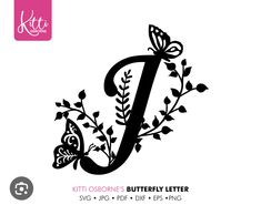 the letter d with butterflies and leaves on it's side is shown in black