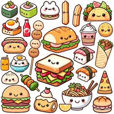 an assortment of cartoon food and drinks on a white background, including hamburgers, fries,