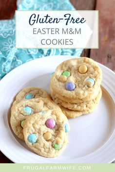 gluten - free easter m & m cookies on a white plate with text overlay