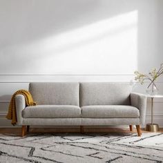 a living room with white walls and a gray couch in front of a rug on the floor