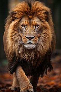 a close up of a lion walking on leaves