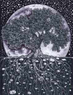 a drawing of a tree with roots in front of the moon and stars above it