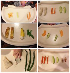 the process of making sushi is shown in four different stages, including being cut up and placed on a platter