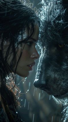 a woman and a wolf face each other in the rain with water droplets on their fur