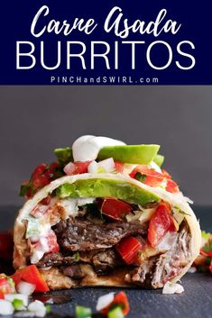 a close up of a burrito on a table with text that reads carne asada burritos