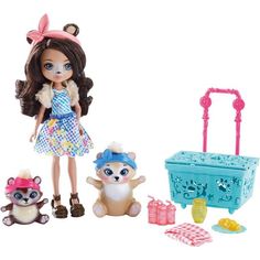 a doll and some toys on a white background