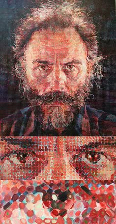 a painting of a man's face with many circles around it