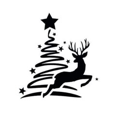 a black and white silhouette of a christmas tree with deer running around it, surrounded by stars