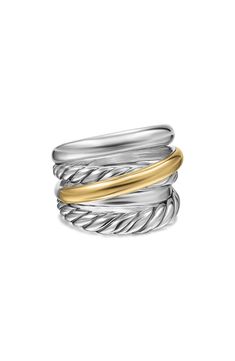 Multitextured stacks of sterling silver and 14-karat gold overlap one another to bring stunning visual intrigue to this highly polished ring. Sterling silver/14k gold Imported David Yurman Ring, Cable Bracelets, Pinky Ring, Yellow Gold Ring, High Jewelry, David Yurman, Yellow Gold Rings, Sterling Ring, Jewelry Branding