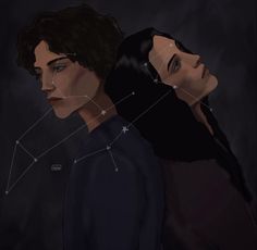 two people with lines on their faces and stars in the sky above them, all connected to each other