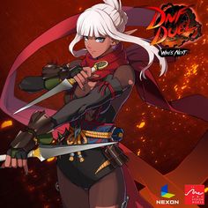 an animated image of a woman with white hair holding two swords in front of a red background