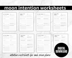 the moon intention worksheets are lined up on a marble background with black and white text