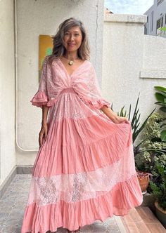 Bohemian Scalloped Lace Dress For Garden Party, Long Lace Gown With Lace Trim, Flowy Lace Maternity Maxi Dress, Maternity Lace Trim Maxi Dress, Spring Bohemian Maxi Dress With Scalloped Lace, Spring Lace Work Maxi Dress, Pink Bohemian Dress With Lace Patchwork, Bohemian Pink Lace Dress, Feminine Lace Floor-length Maxi Dress