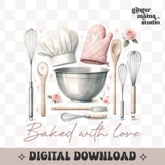 an illustration of baking supplies and utensils with the words baked with love on them