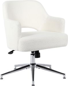 a white office chair with chrome wheels and casteors