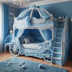 a blue bedroom with a canopy bed and white curtains on the windowsills is pictured in this image