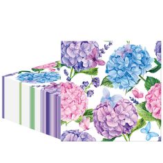 three boxes with flowers and butterflies on the top one is blue, purple, and green