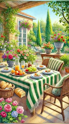 Balcony Landscape, Fantasy Town, Porch Balcony, Garden Illustration, Porch And Balcony, Food Wallpaper, Cottage Art, Good Morning Coffee, Cottage Homes