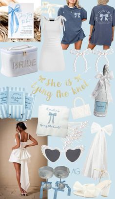 the blue and white wedding theme is perfect for this bride's special day, as well as her personal gifts