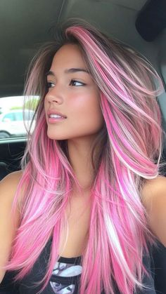 #hair #pink #pinkhair #haircare Pink Balayage Highlights, Maroon Blonde Hair, Black And Pink Hair Dye Ideas, Fun Colored Hair Ideas, Light And Dark Pink Hair, Multi Colored Hair Highlights, Blonde Pink And Black Hair, Pink Hair Dye Ideas, Brown Hair Pink Highlights