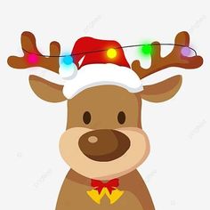 a reindeer with christmas lights on its antlers is wearing a santa claus's hat