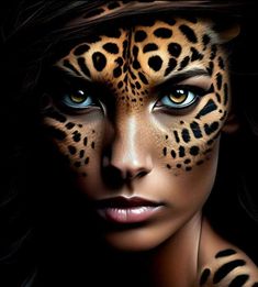 a woman's face painted with leopard skin and blue eyes is shown in this artistic photo