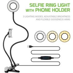 the selfie ring light with phone holder and flexible gooseen arms is shown here