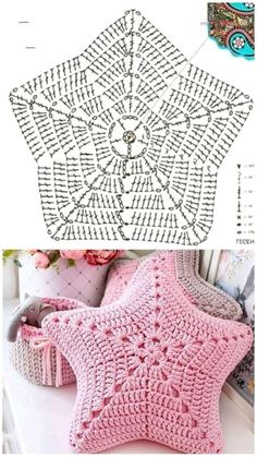 the crochet pattern is shown with an image of a star pillow and other items