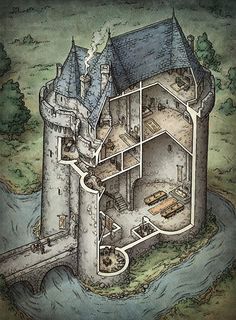 an illustration of a castle in the middle of water