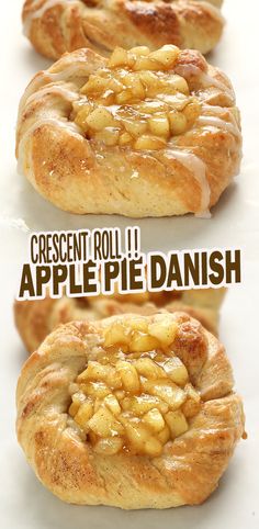 several different types of breads with toppings on them and the words, crescent roll apple pie danish