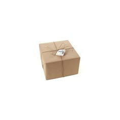 a brown box with a white tag on it and a string tied around the top