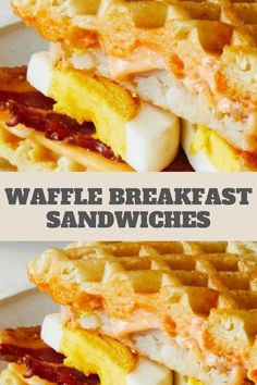 two pictures of waffle breakfast sandwiches stacked on top of each other