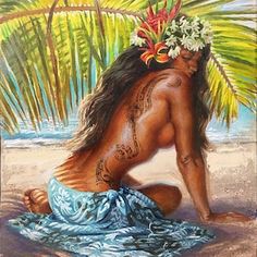 a painting of a man with flowers on his head sitting in the sand next to palm trees