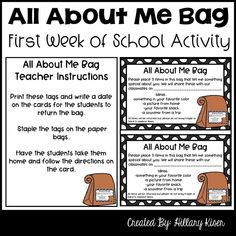 an all about me bag for first week of school activity with pictures and text on it