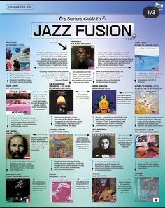 a poster with many different pictures on it's back side and the words jazz fusion