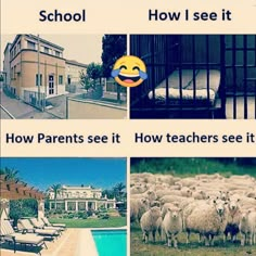 four different pictures with the words school, how i see it and how parents see it