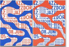 two posters with blue and red designs on them, one has the word jazz written in different languages