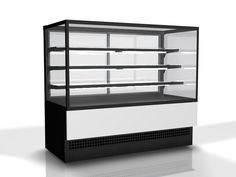 a black and white refrigerated display case on a white background with no people