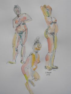 three drawings of people standing and sitting in different positions, one is holding a bottle