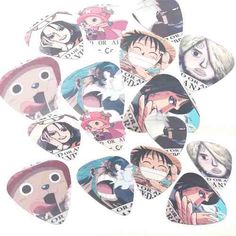 many anime character guitar picks are arranged in the shape of hearts