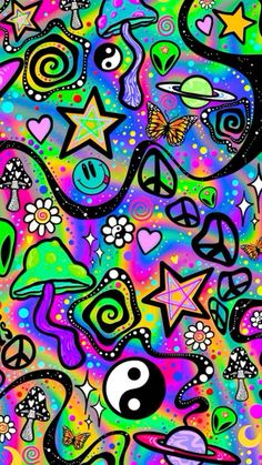 an abstract painting with many different colors and symbols on it, including stars, circles, hearts