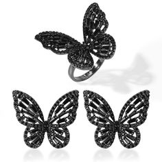 PRICES MAY VARY. 【DESIGN CONCEPT】Black represents mystery and nobility, and butterfly symbolizes beauty and freedom. The statement black butterfly earrings ring set is the best choice for avantgarde women. The AAA+ black cubic zirconia cut by diamond is inlaid on the butterfly, always reflecting the mysterious luster. The large black butterfly ring earrings can be matched with your Gothic style, retro black skirt, Halloween earrings for women and daily casual wear to break the dull wearing. 【QUA Black Butterfly Earrings, Black Jewelry For Valentine's Day Party, Black Jewelry For Valentine's Day Birthday, Black Jewelry For Birthday On Valentine's Day, Gold Butterfly Necklace, Butterfly Necklace Gold, Mother's Day Jewelry, Goth Earrings, Punk Earrings