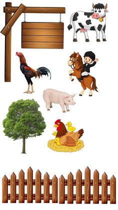 farm animals and wooden signs hanging from a fence