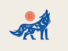 a blue and orange wolf standing in front of an orange sun on a white background